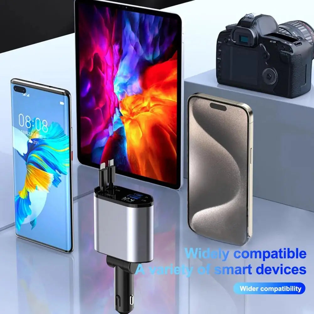 Chargez rapidement vos appareils en déplacement avec notre chargeur de voiture rétractable 4-en-1 - Compatible avec iPhone, Samsung et plus encore !